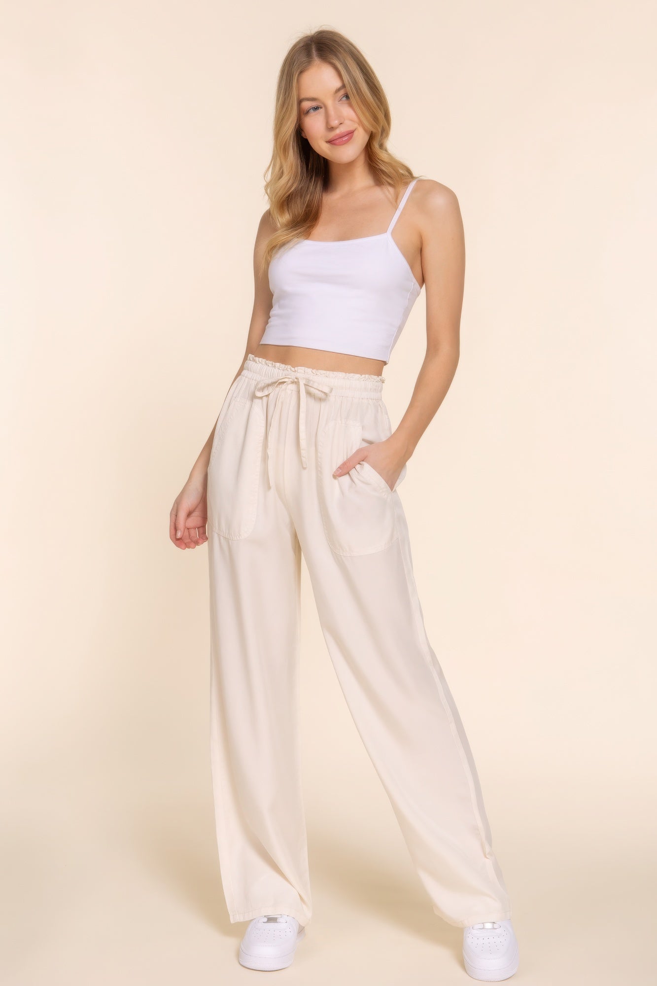White Elastic Waist Pants 